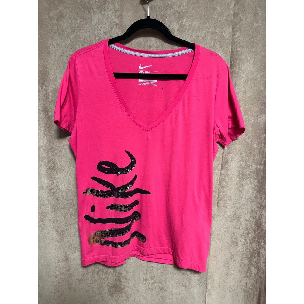 Nike Womens Slim Fit V-Neck T-Shirt Pink Graphic Logo XL Short Sleeve Tee